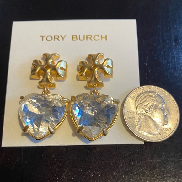 Tory Burch Kira Crystal faceted heart drops hanging from TB logo studs - Picture 10 of 10